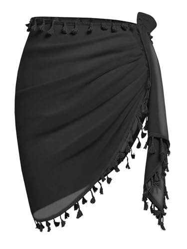 Women’s Black Beach Sarong Wrap with Tassels - Swimsuit Cover Up