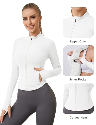 AKEWEI Women’s White Zip Up Workout Jacket - Lightweight Slim Fit Track Top with Pockets & Thumb Holes, Medium
