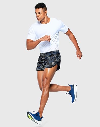 G Gradual Men's Running Shorts 3 inch with Zipper Pockets, Large Blue Grey Camo
