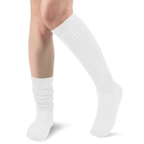 Knee High Slouch Socks for Women - Knit Long Tube Scrunch - White