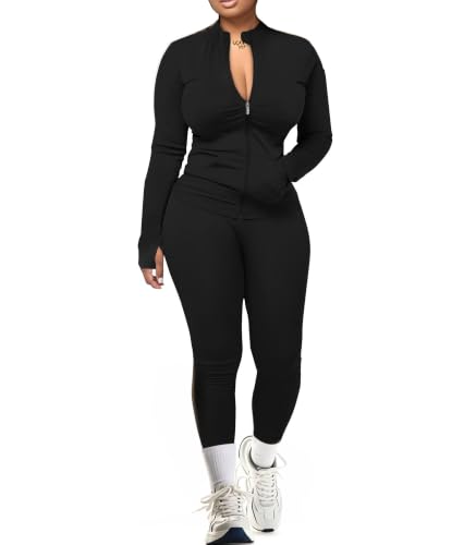 UOUA Women's Workout Set - 2 Piece Gym Outfit, Athletic Tracksuit, Large Black
