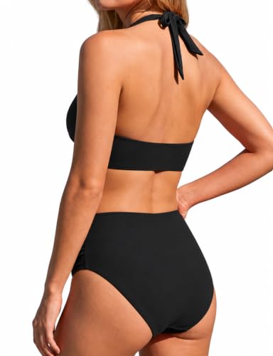 Buauty High Waist Bikini Set Women Cross V Neck Halter Strappy Cutout A01-black Large