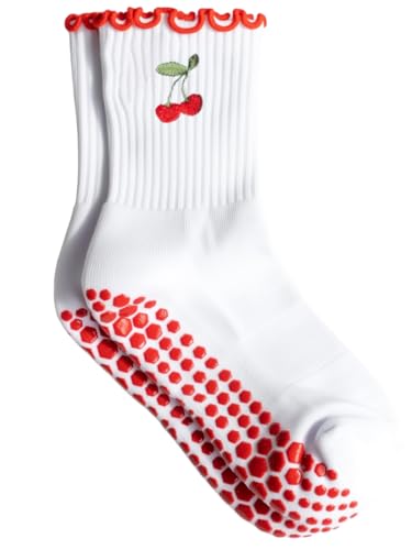 Non-Slip Ruffle Pilates Socks for Women - Red Cherry