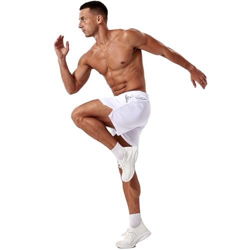 Kiuwoba Men's 3-Inch Mesh Running Shorts with Pockets, Quick Dry, White, Size M