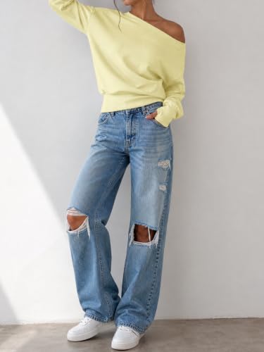 Fisoew Women's Off Shoulder Crop Sweatshirt Small Butter Yellow Oversized Workout Top