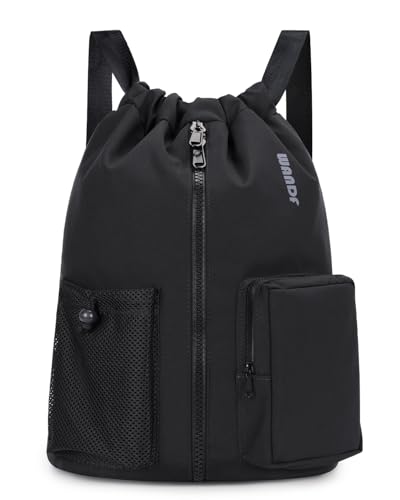 WANDF Medium Drawstring Gym Backpack with Shoe Compartment - Black