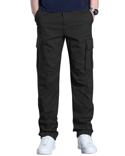 Black Large Men's Cargo Sweatpants with Elastic Drawstring - DOWMQ