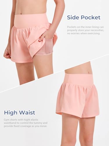 Girls High Waisted 2-in-1 Athletic Shorts Pink 11-12 Years by Haloumoning
