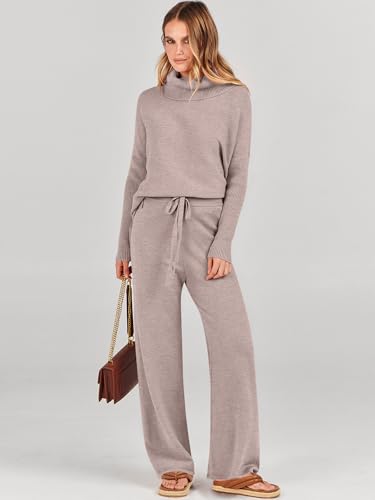 ANRABESS Women's Oversized Turtleneck Sweater Set Large Camel