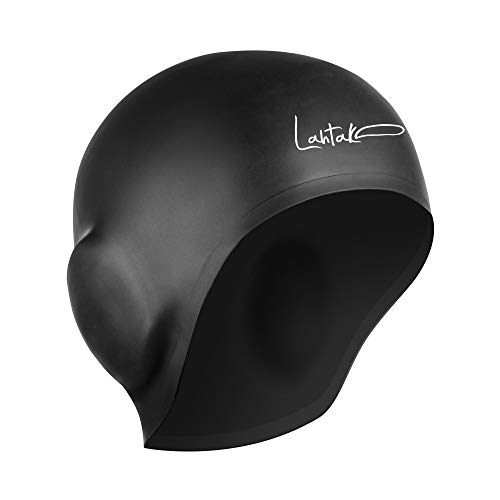 Lahtak Black 3D Silicone Swim Cap with Ear Protection for Adults & Teens