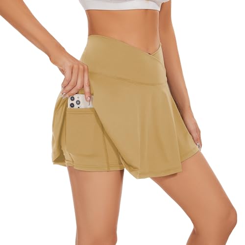 High Waisted Women's Crossover Tennis Skirt with Pockets - Beige, Large