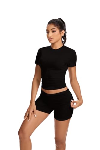 Women’s Workout 2-Piece Set X-Large Black Gym Wear Slim Short Sleeve Top & Foldover Shorts