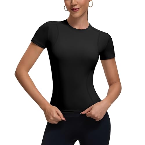 Women's Compression Workout Shirt - Black, Medium - Cute Crop Top