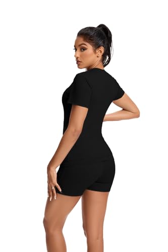 Women’s Workout 2-Piece Set X-Large Black Gym Wear Slim Short Sleeve Top & Foldover Shorts