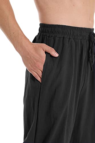 PACEIADTA Men’s Casual Cotton Linen Joggers 34 Black Elastic Waist Drawstring