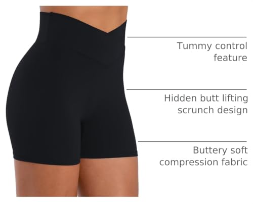 Sunzel Women's High Waist Crossover Workout Shorts - 4 Inch Inseam, Medium, Black