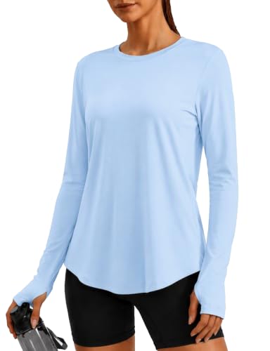 PINSPARK Women's Workout Top with Thumb Hole - Light Blue, Small, UPF 50+ Activewear