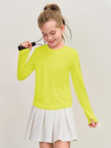 Long Sleeve Athletic Yoga Top for Girls - Lightweight Crewneck Tee with Thumb Holes - Yellow, 13-14 Years