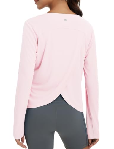Baleaf Women's Light Pink Long Sleeve Workout Top - Quick Dry & Split Back, Medium