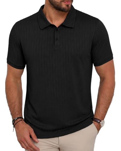 Mens Textured Polo Shirt - Short Sleeve Golf Shirt - Large - Black