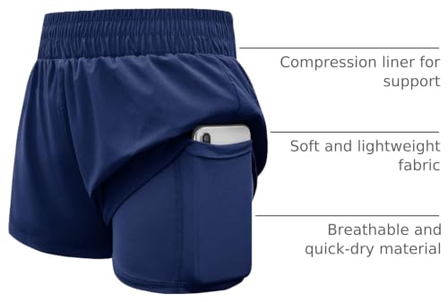 High Waist Girls Athletic Shorts - 2 in 1 Running Shorts, Navy Blue, 10-12 Years
