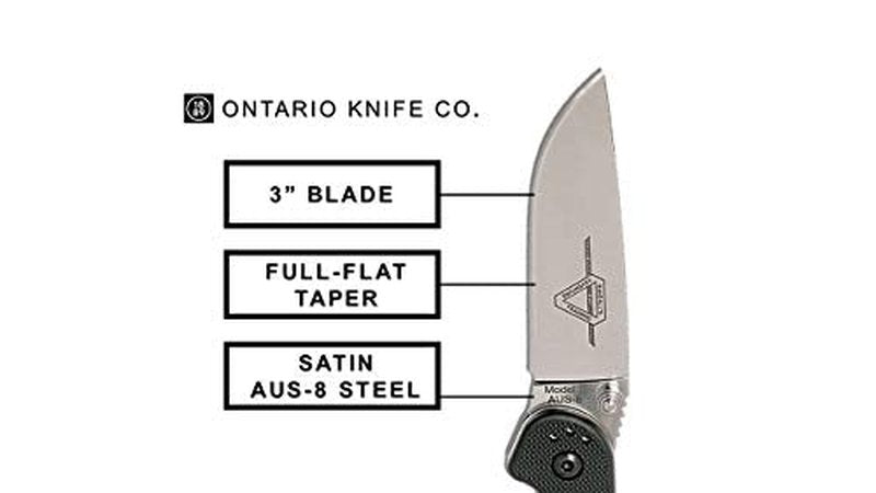 Ontario Knife Company Rat II, Satin AUS-8 Stainless Steel Drop-Point Blade Folding Pocket Knife, Black Nylon Handle Liner Lock Knife, Everyday Carry Knife – ON8860