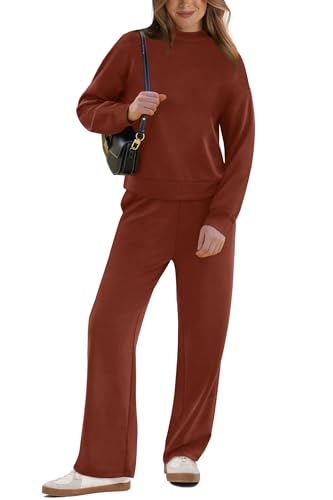 WIHOLL Two-Piece Lounge Set for Women, Caramel – Mock Neck Top & Wide-Leg Pants
