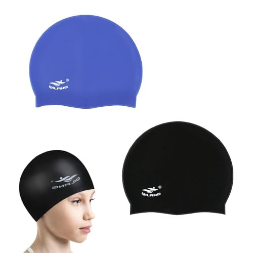 Kids Silicone Swim Caps - Waterproof 2 Pack, Blue & Black