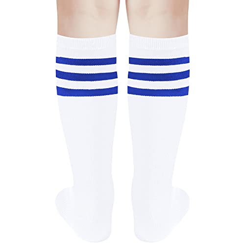 Kids Soccer Socks - Knee High Tube Socks for 3-6 Years - White Blue Stripes