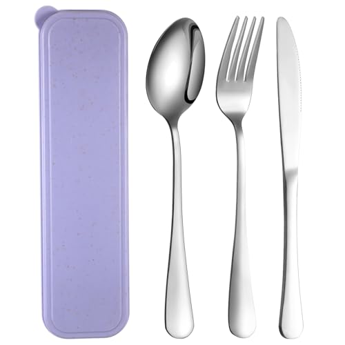 Stainless Steel Travel Silverware Set with Case - Purple
