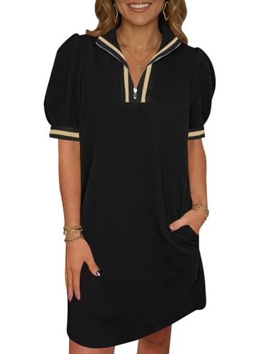 Fisoew Womens Summer Puff Short Sleeve Mini Dress with Quarter Zip V-Neck - Black Small