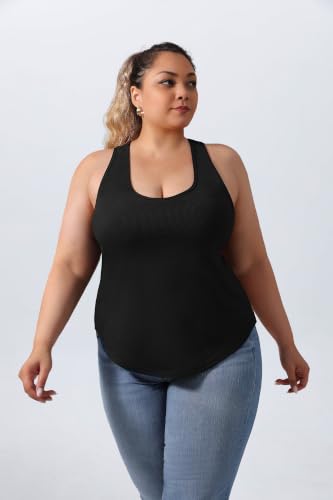 DAGGLOSA Plus Size Racerback Tank Top with Built-in Bra - Curved Hem, 3X Black