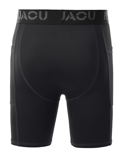 Boys Compression Shorts with Pockets - Athletic Underwear, Large Black