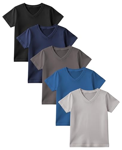 Youth Athletic T-Shirts - Dry-Fit Short Sleeve V Neck Tees - 5 Pack - Black, Grey, Navy, Charcoal, Denim Blue