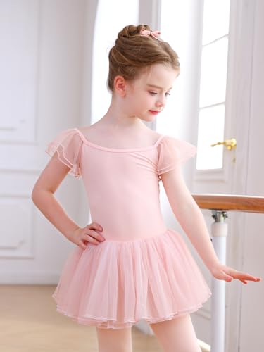 Mecceos Toddler Ballet Leotard for Girls - 4-5T Pink Flutter Wing Sleeve Tutu Skirted Dance Dress