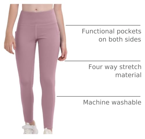 CHRLEISURE Girls' Active Leggings with Pockets - 5 Pack Kids Teen Dance & Yoga Pants, 12-13 Years (Black/Gray/Lilac Pink/Navy/Steel Blue)