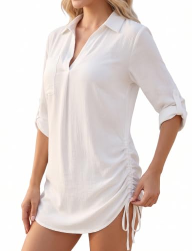 V Neck Drawstring Beach Cover Up Dress for Women - White, Large