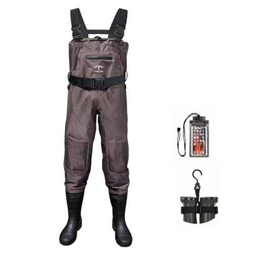 Fiblink 2-Ply Nylon/PVC Chest Waders with Boots, Waterproof Fishing & Hunting Waders (Brown, M9/W11)
