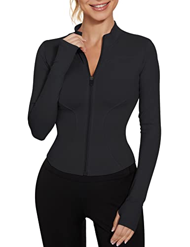 Women's Lightweight Zip Up Yoga Jacket - Cropped Athletic Top - Black, Small