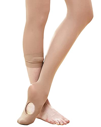 Stelle Girls' Convertible Ballet Tights for Toddler & Kid Dance, Pink & Tan, 9-14 Years