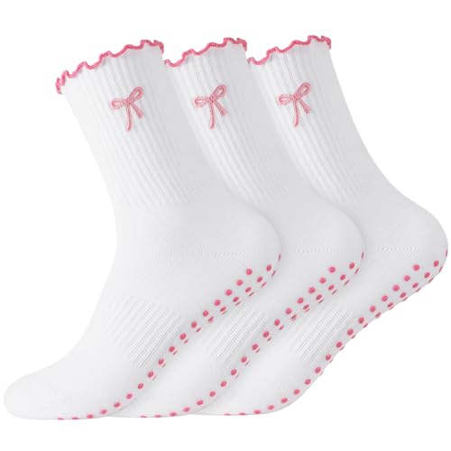Non-Slip Pilates Grip Socks for Women - Ruffle Ballet Style - Pink (3 Pairs)