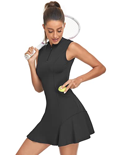 Tanst Sky Women's Golf Dress with Shorts - Medium Black - Quick Dry Sleeveless Tennis Workout Dress