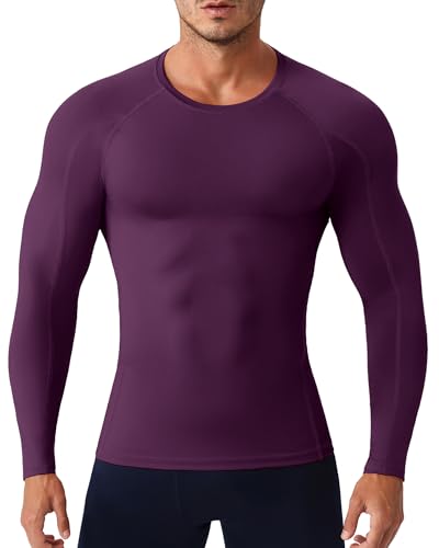 Men's Long Sleeve Compression Shirt - Cool Dry Athletic Top - Wine Red, X-Large