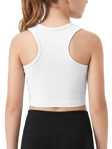Girls Athletic Ribbed Tank Top - Sleeveless Crop Top for Yoga - White 9-10Y