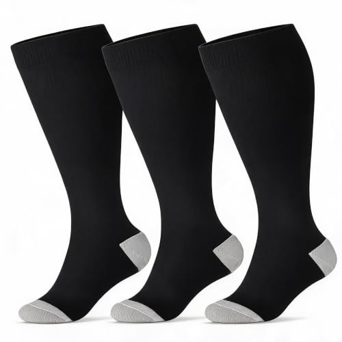 Double Couple 3/4 Pairs Wide Calf Compression Socks Men Women 20-30 mmHg XX-Large Black