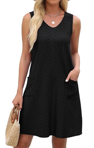 elescat Large Black Summer Women's Eyelet Swimsuit Coverup Dress with Pockets