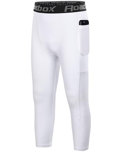 Boys 3/4 Compression Leggings with Pockets - White, X-Large