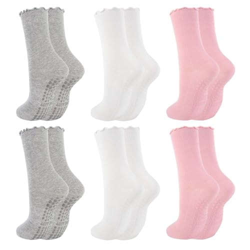 Grip Socks for Women - 6 Pairs Cute Ruffle Non-Slip Cotton - White, Grey, Pink