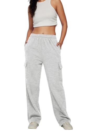 Automet Womens Grey Cargo Sweatpants - High Waisted Baggy Fit, Medium