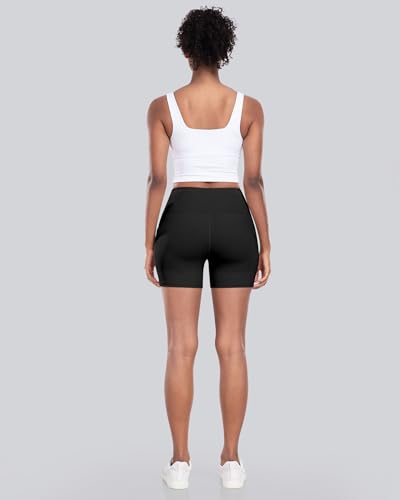High Waisted Biker Yoga Shorts with Pocket - 5 Inch, Medium, Black